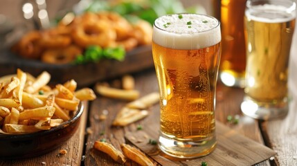 Beer on the table with crunchy fries