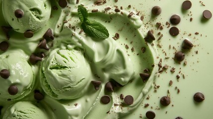 Fototapeta premium Tasty scoops of mint chocolate chip ice cream topped