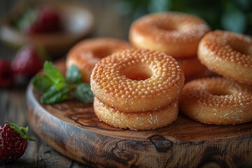 A plate of donuts with a few strawberries on the side