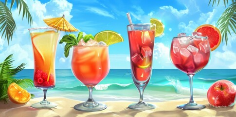 Refreshing cocktails adorned with parasols, placed on a picturesque beach backdrop. Summertime leisure concept.