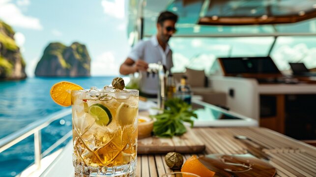 A luxury yacht charter in tropical waters, complete with a bartender crafting signature drinks