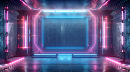 Futuristic, neon-lit hallway with a glowing portal in a sci-fi setting.
