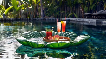 A luxury pool float in the shape of a tropical leaf, complete with a floating tray of exotic drinks