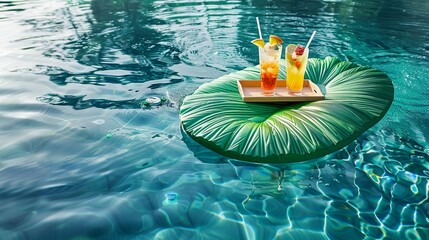 A luxury pool float in the shape of a tropical leaf, complete with a floating tray of exotic drinks