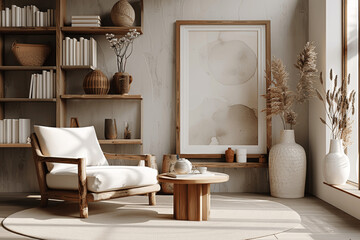 Japandi Style Living Room with Wooden Furniture and Beige Decor