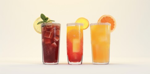 Trio of icy cold drinks adorned with colorful fruit slices. Summery, tropical cocktail composition.