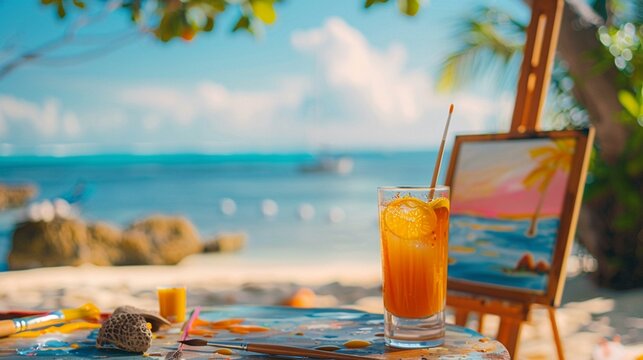 A tropical themed painting class on the beach, with summer cocktails to inspire creativity