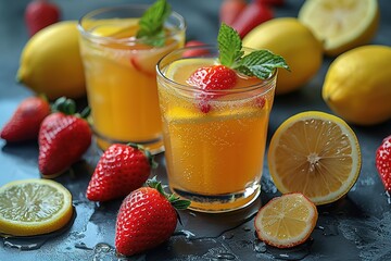 Two glasses of a drink with strawberries and lemon slices on a table