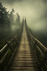 Obraz premium Mysterious Wooden Suspension Bridge Leading Into a Misty Forest Surrounded by Dense Foliage