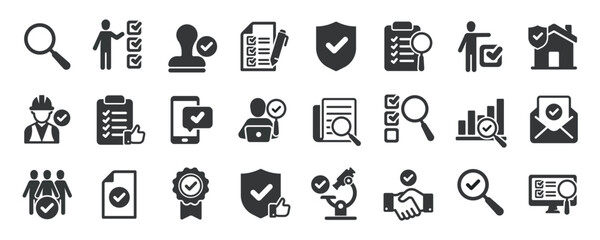 Inspection glyph solid icons collection. Containing survey, polling, review, research, analysis. For website marketing design, logo, app, template, ui, etc. Vector illustration.