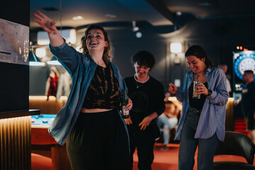 A group of young adults enjoy a lively game of darts in a cozy bar setting, sharing laughter and drinks on a joyful night out.