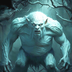 With skin like ancient craggy stone, the unearthly troll's hulking form looms in the shadowy depths of a mystical forest. 