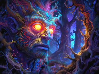 With skin like ancient craggy stone, the unearthly troll's hulking form looms in the shadowy depths of a mystical forest. 