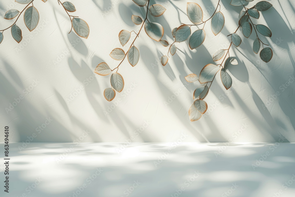 Poster minimalistic white wall background with blurred leaf shadows for product display in elegant setting