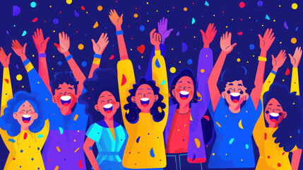 A group of people are celebrating with confetti and smiling. Scene is joyful and festive