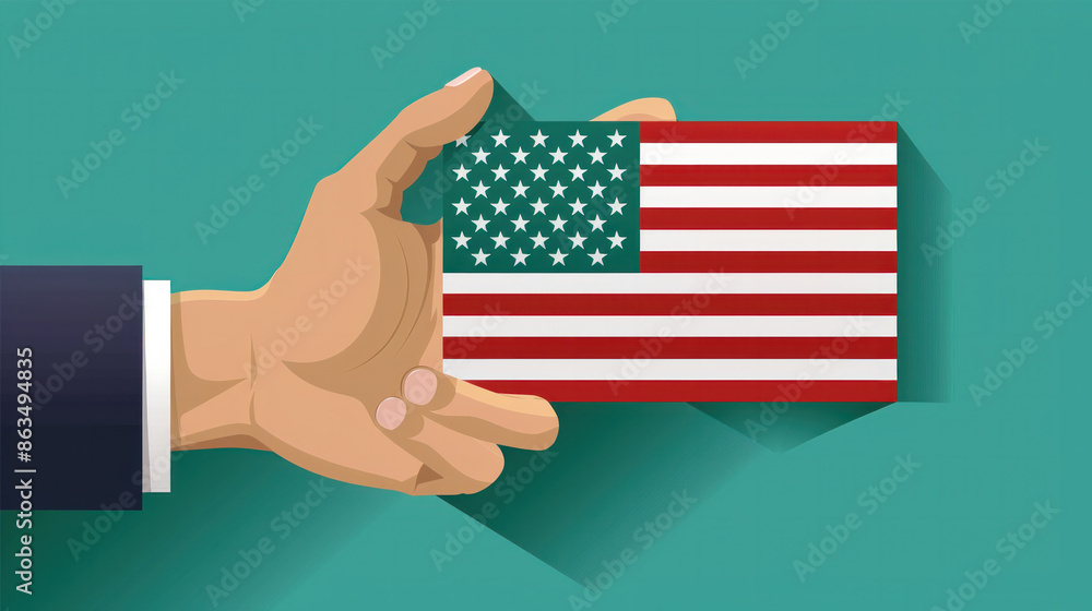 Poster a hand holding a stack of american flags. the hand is holding the flags in a way that they are stack