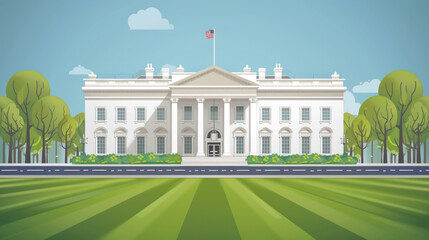 Obraz premium The White House is a large building with a green lawn in front of it. The building is surrounded by trees and has a flag flying on top. The image gives off a sense of patriotism