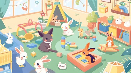 Fototapeta premium Cozy and Nurturing Preschool Environment with Playful Young Animals Engaged in Learning Activities