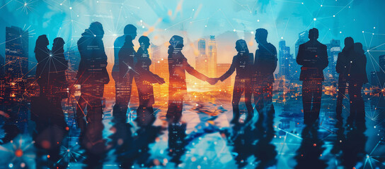 Multinational Business Collaboration with Technology in a Futuristic Corporate Setting, Shaking Hands and Digital Connectivity