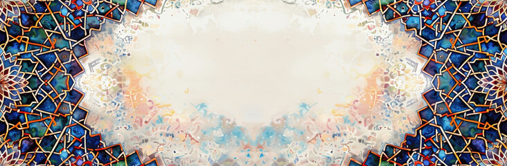 Watercolor Islamic Pattern with Arabesque Decoration and Colorful Mosaics on Edges, Copy Space for Text