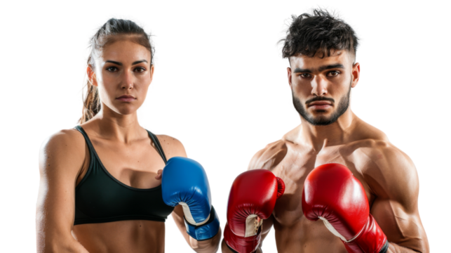 Portrait of male and female athletes with fighting stance boxing, sport, fighting on transparent background