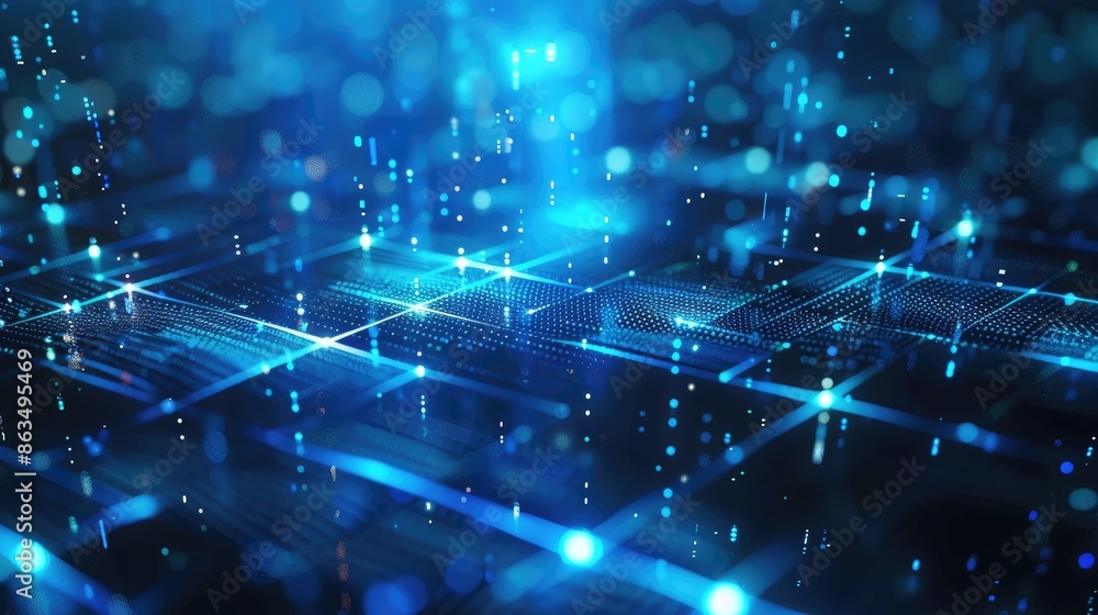 Poster blue abstract light technology background with digital pixel internet elements