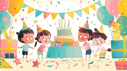 Fototapeta premium Children Celebrate Birthday Party with Cake and Gifts