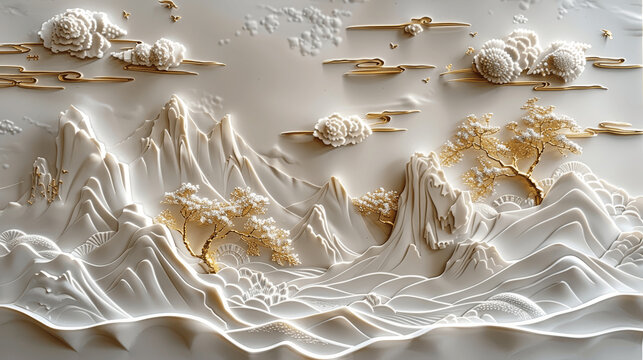 Elegant Japanese Landscape with Golden Elements in Stucco Molding, Mountains, Waterfall, Sakura, and Clouds