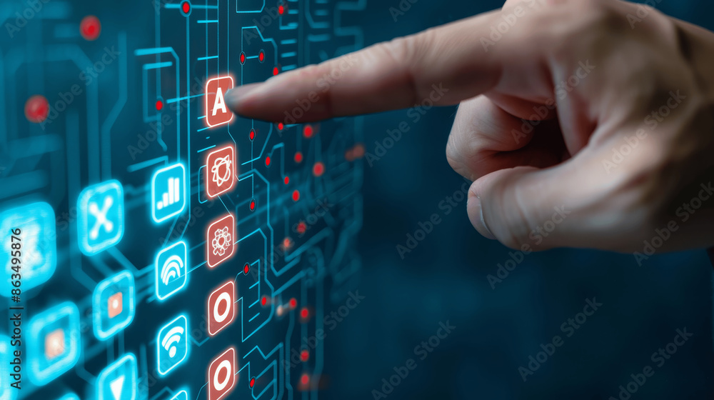 Poster ai technology concept businessman touching digital icon artificial intelligence circuit board virtua