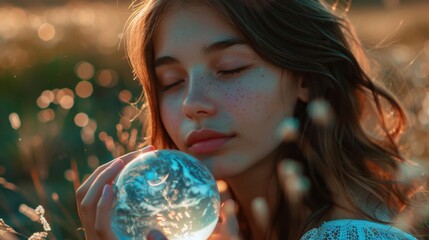 Naklejka premium Girl Holding a Crystal Earth (world). 