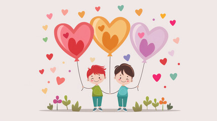 Two children holding balloons with hearts on them. The balloons are in different colors and the children are smiling. Concept of happiness and love