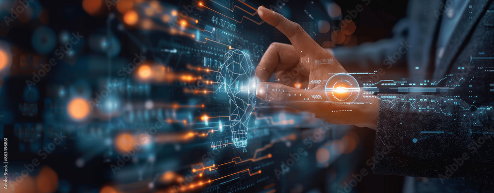 Poster ai technology businessman touching virtual screen with big data and machine learning digital informa