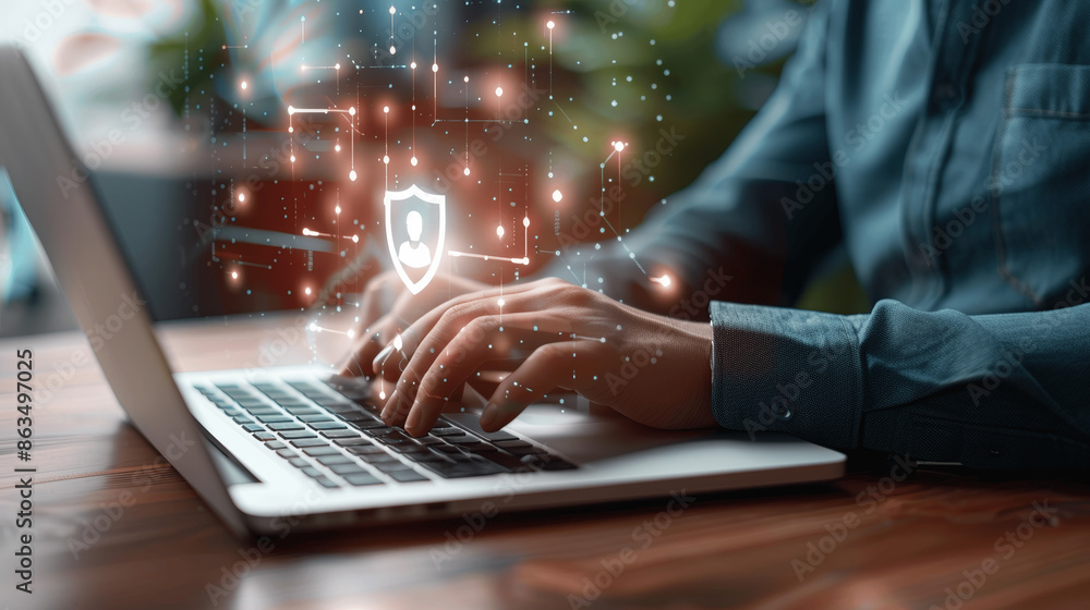 Poster digital security and privacy concept with businessman using laptop secure online encryption and cybe