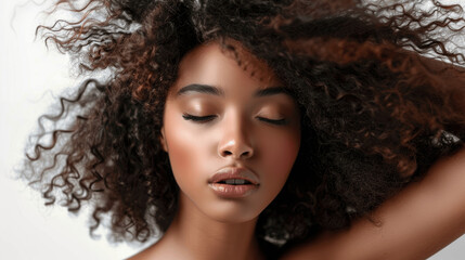 african american woman with curly hair flying beautiful young black female model long afro hair shaking in motion isolated white background beauty portrait closeup ad shampoo conditioner