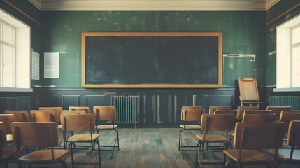 Classroom with empty blackboard and rows of chairs. Education concept.