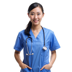 Beautiful asian female nurse wearing wearing medical uniform and stethoscope isolated on transparent background
