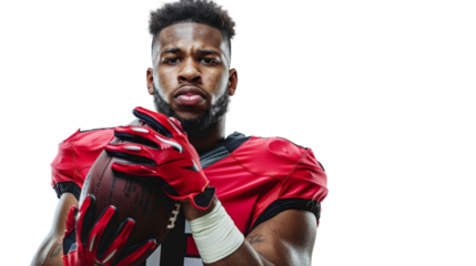 Portrait of American football rugby player with ball gesturing on transparent background