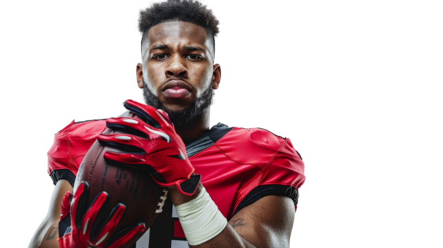 Portrait of American football rugby player with ball gesturing on transparent background - Powered by Adobe