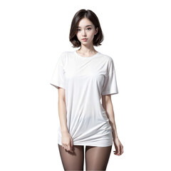 Fototapeta premium Beautiful woman dressed in blank oversized white t-shirt isolated on transparent background