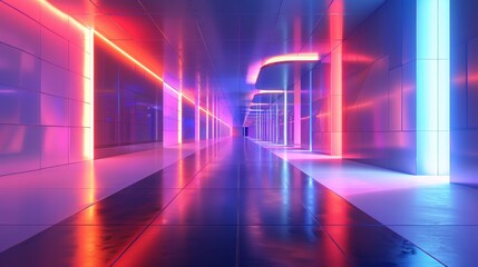 Vibrant Modern Corridor with Neon Lighting and Reflective Floor