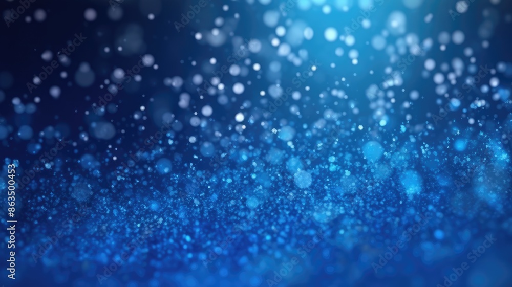 Poster the picture of vague visual of sparkling particles scattered across a deep blue background, create a