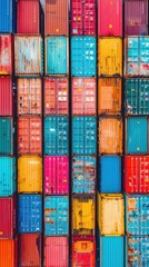 Fototapeta premium Rows of containers lined up, one on top of the other, colorful and vibrant in the cargo transportation sector