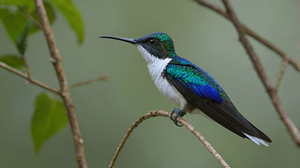 Obraz premium White-necked jacobin hummingbird perched on a branch, vibrant tropical bird in natural habitat, exotic wildlife photography