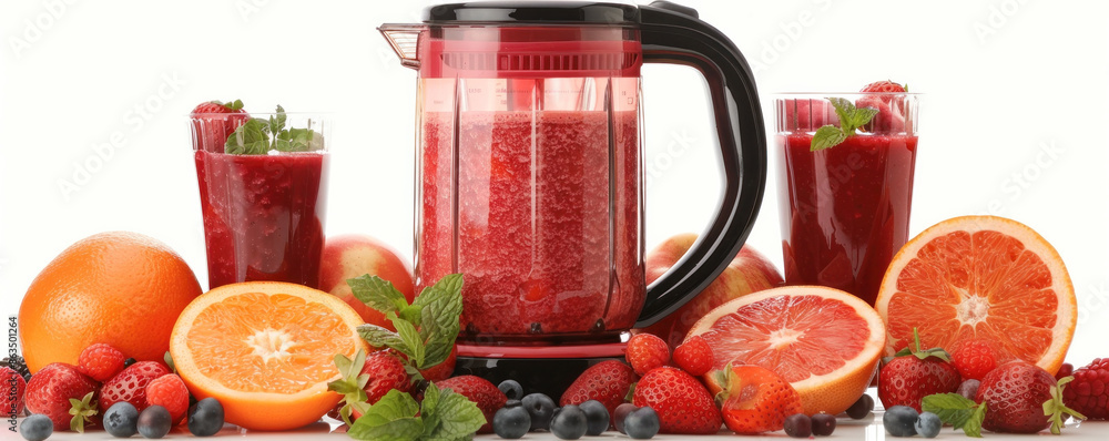 Poster a blender full of a red drink with a glass of the same drink next to it. there are also oranges and 