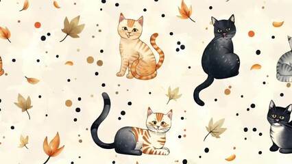 Charming repeating pattern featuring various cats in playful poses amidst falling autumn leaves. Cats in different colors and poses, from sitting to stretching. 