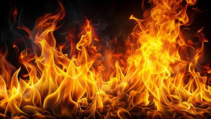 Fototapeta premium Vibrant orange and yellow flames dance across a dark black background, intense heat and light radiating from the fiery inferno.