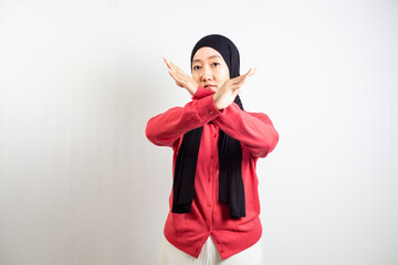 Woman in hijab with no sign with hands, no other way, desperate. isolated on white background