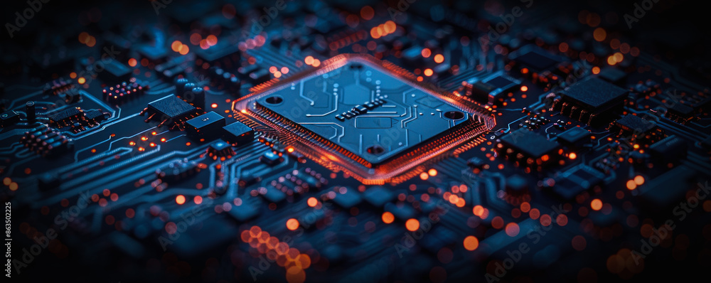 Poster A computer chip with a red square on it. The chip is surrounded by a blue background