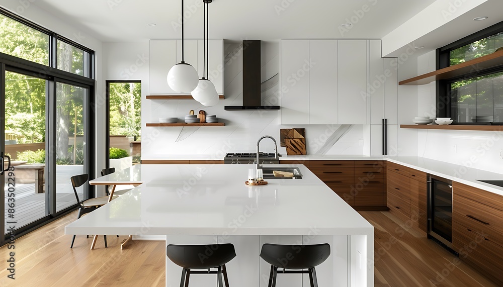 Wall mural modern kitchen with a white quartz countertop, open concept with island seating and minimalist cabin