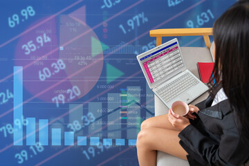 Double exposure photo of businesswoman working on laptop with stock meeket data and financial report on background.